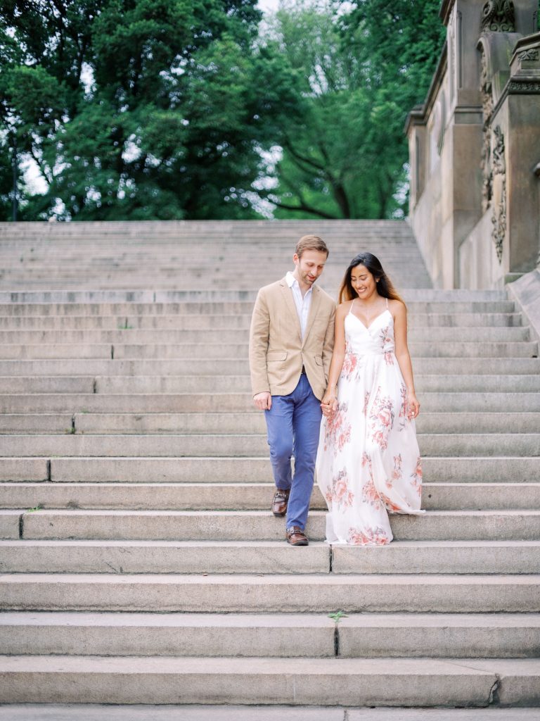 Central Park Engagement Session walking down stairs