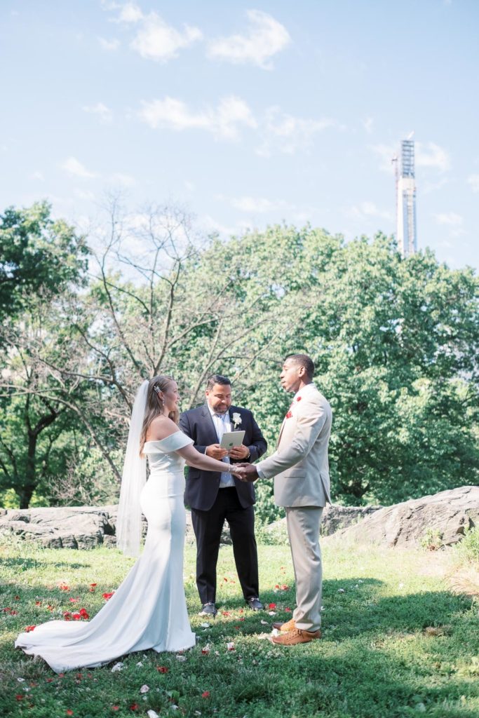 The bride and groom hold hands atop a hill at the dene summerhouse in central park for their NYC elopement.