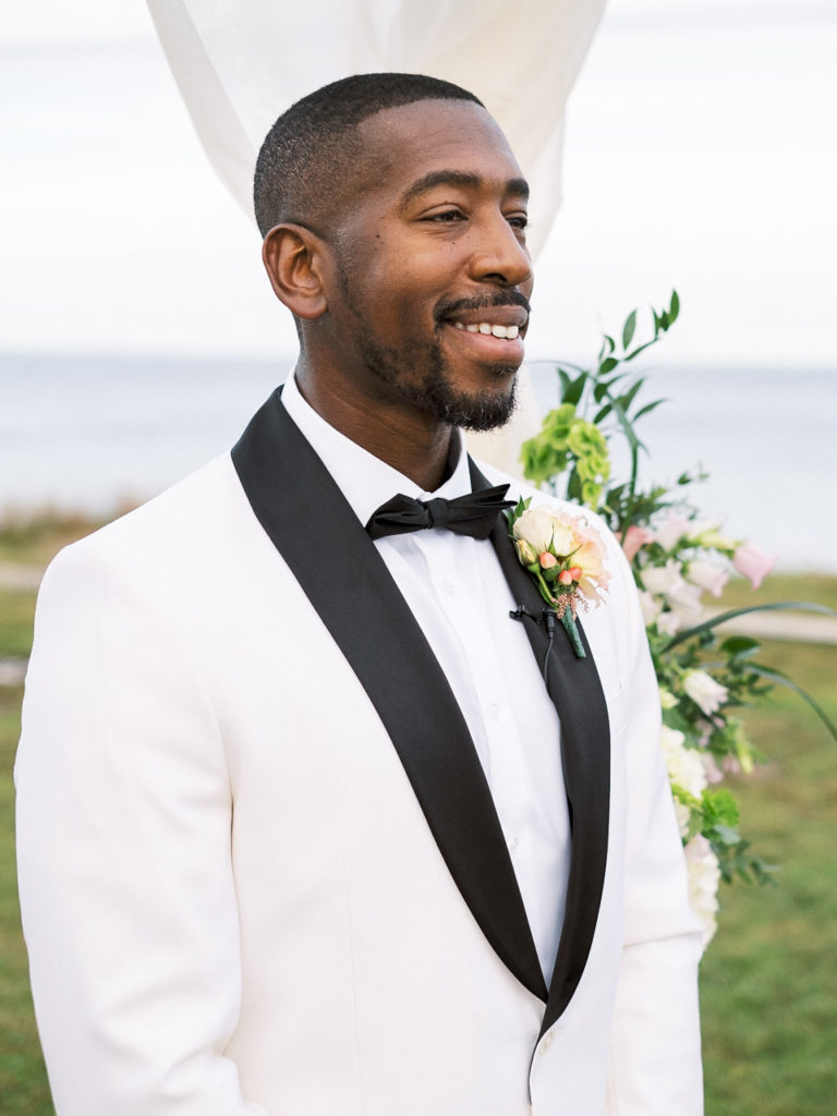 Groom sees bride for the first time during the Montauk wedding ceremony.