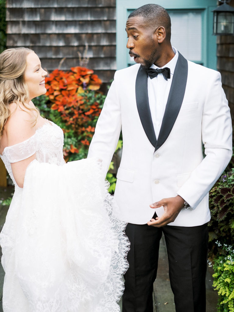Groom sees bride for the first time on his Montauk wedding.